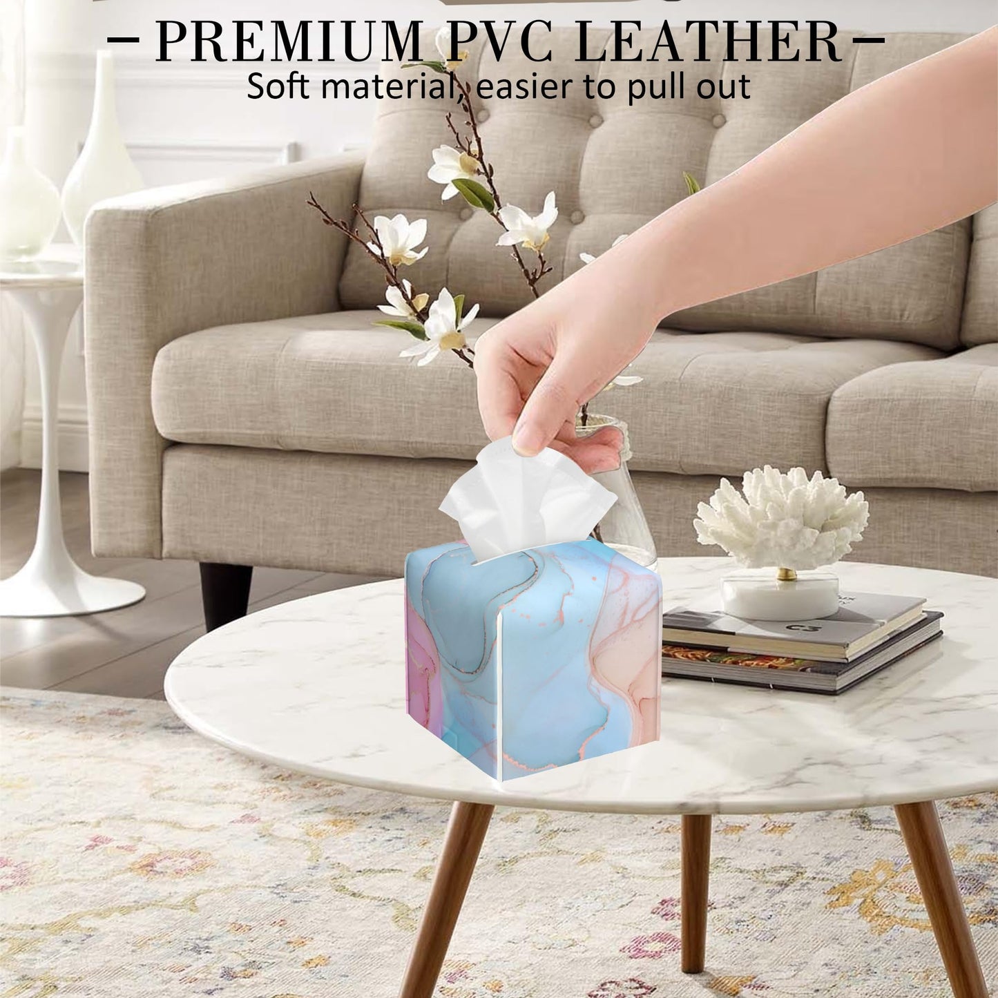 POIUBLE Fluid Art Tissue Box Holder Pink and Blue Marble Tissue Box Cover Square Leather Tissue Holder Organizer Portable Decorative Facial Paper Case for Home Office Bathroom Vanity Countertop