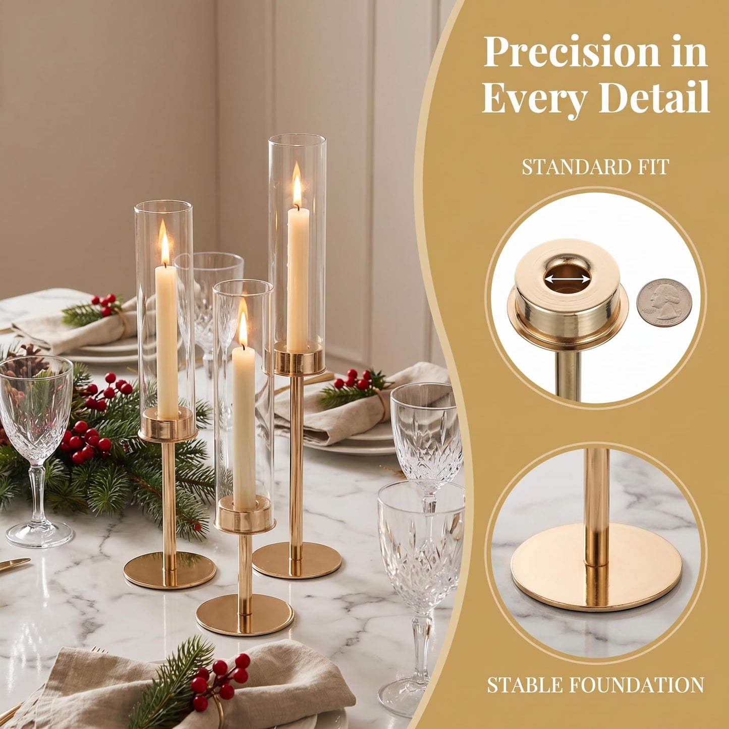 Oakernel Gold Hurricane Candle Holders Set of 12, Tall Metal Windproof Glass Taper Candle Holder for Candelabra Centerpieces for Dining Table, Wedding, Party & Fireplace Mantel Decor