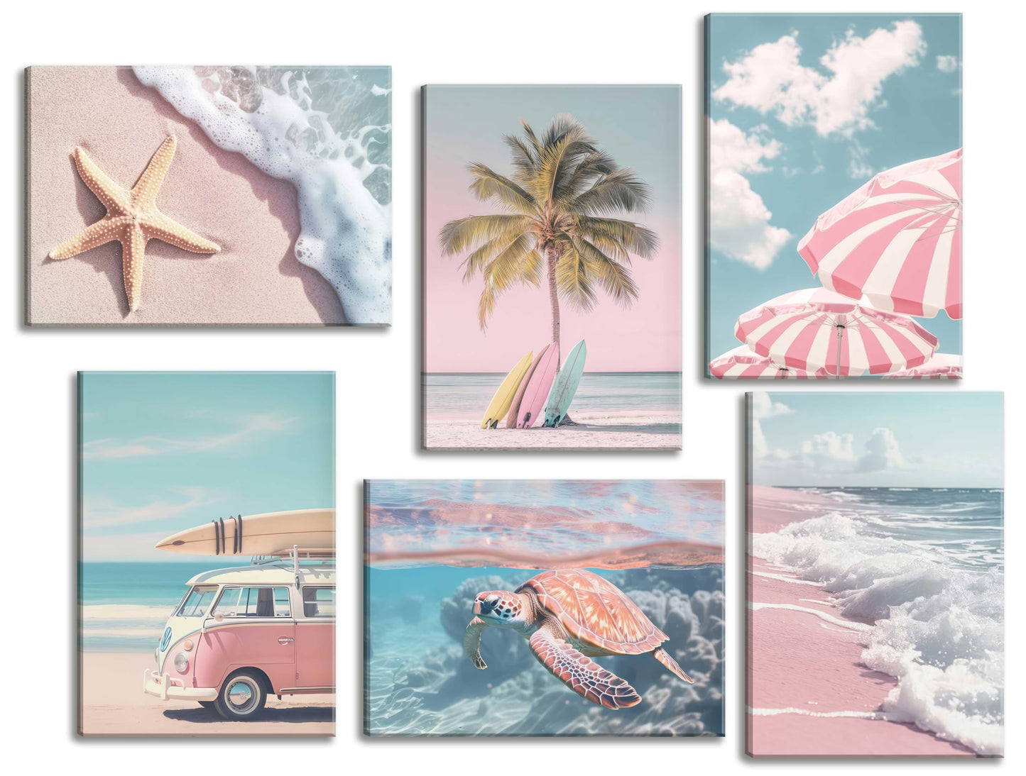 6Pcs Pink Summer Beachy Wall Art Fresh Pink Tropical Ocean Art Print Beach Chairs Starfish Surfboard Palm Tree Wall Decor Retro Coastal Canvas Picture Bus Van Canvas Painting for Bedroom Framed