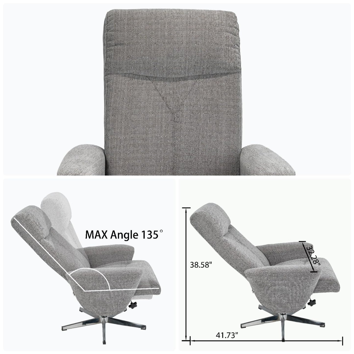 Trygoal Recliner Chair with Ottoman, 360° Swivel Ergonomic Chenille Armchair Reclining with High Back & Wide Armrests, 135° Manual Adjustable Lounge Chair with 4-Point Base for Living Room, Light Grey