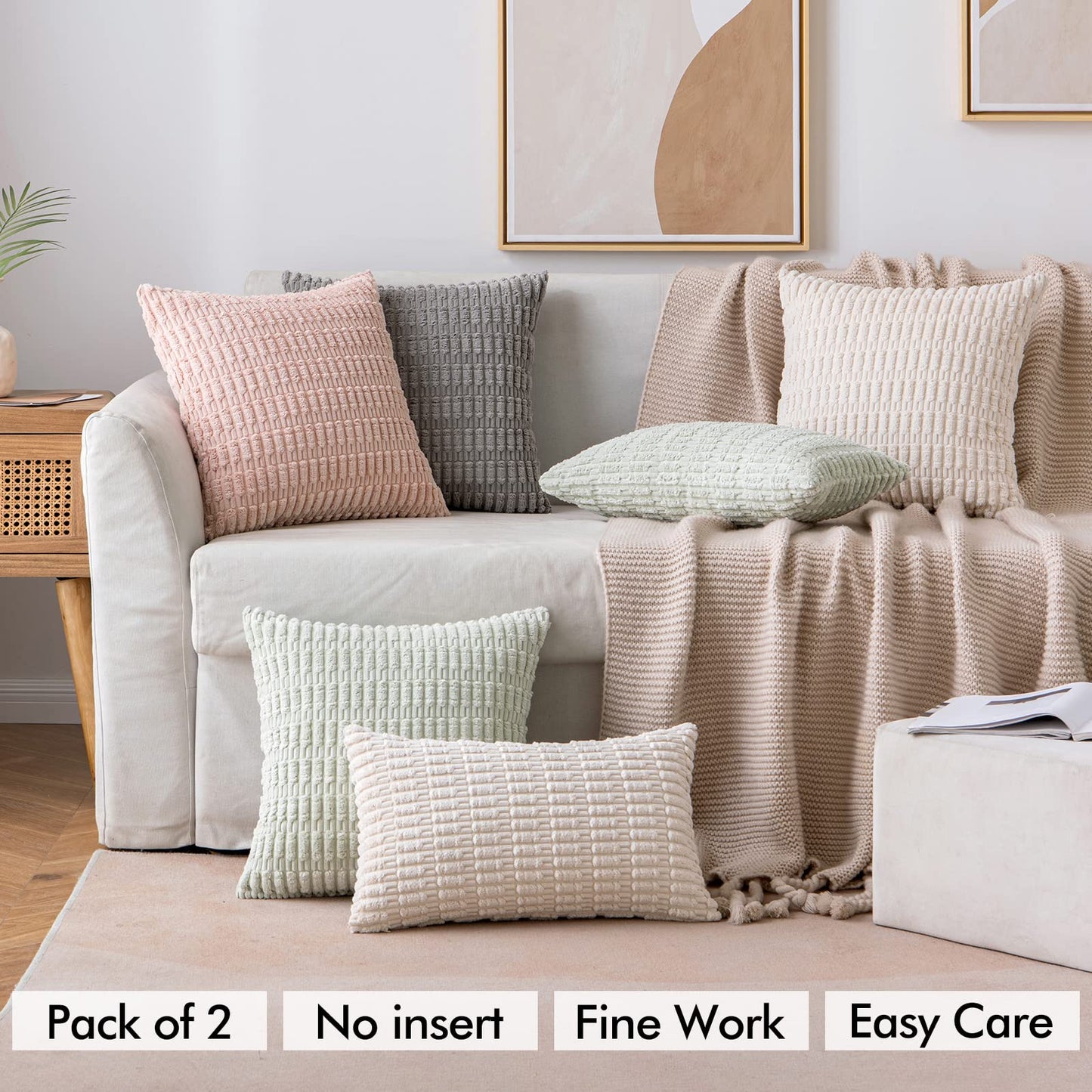 MIULEE Pack of 2 Corduroy Decorative Throw Pillow Covers 16x16 Inch Soft Boho Striped Pillow Covers Modern Farmhouse Home Decor for Sofa Couch Bed Cream White Bundle Fleece Blanket 50x60 inch
