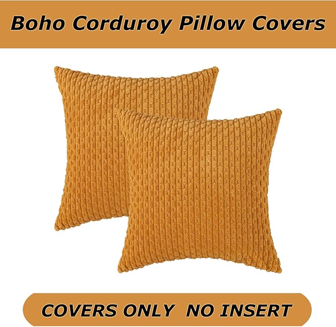 Kevin Textile Throw Pillow Covers Soft Corduroy Decorative Set of 2 Boho Striped Pillow Covers Pillowcases Farmhouse Home Decor for Couch Bed Sofa Living Room 20x20 Inch Golden Yellow