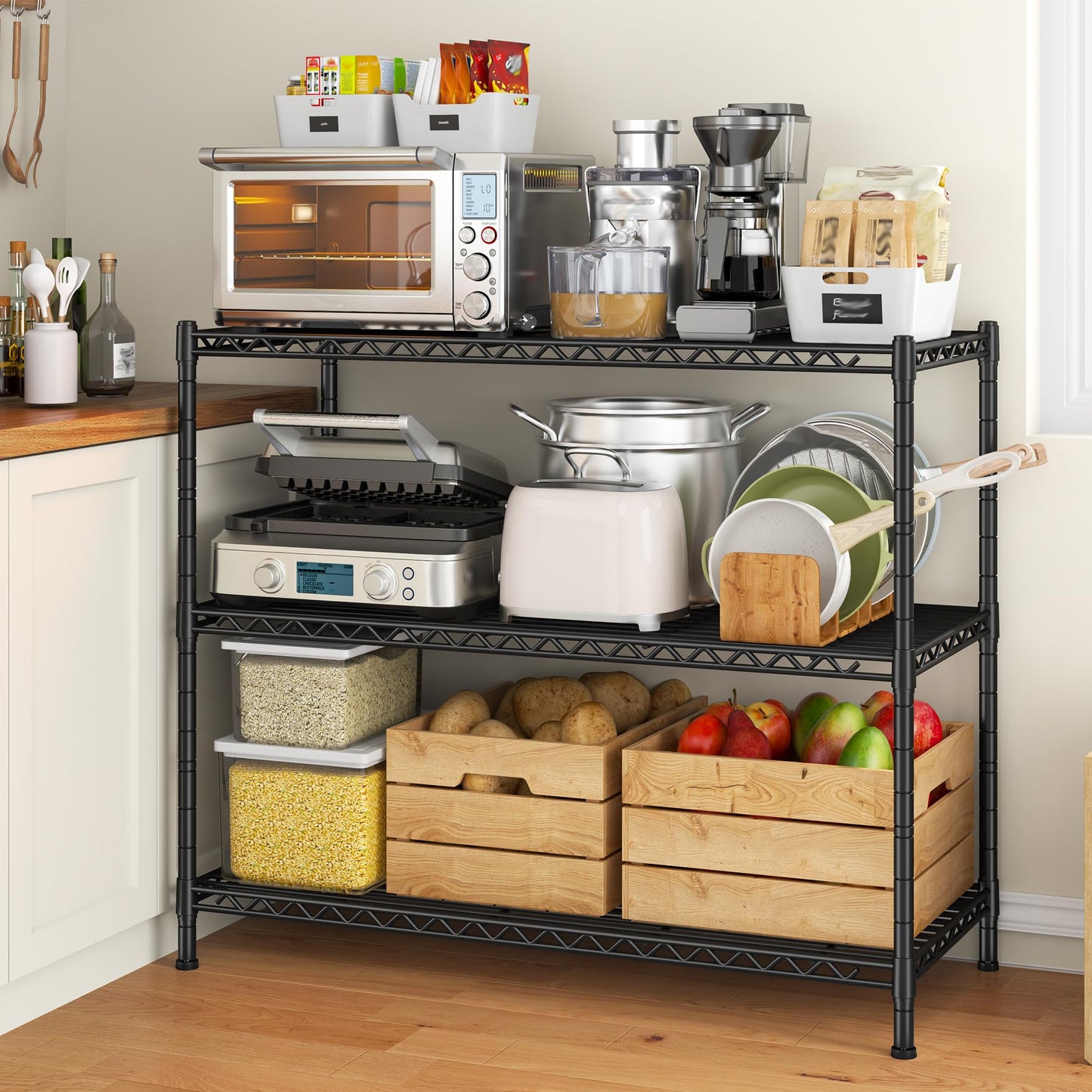 DurayLoly 35.6" W Storage Shelves, 3 Tier Adjustable Metal Shelving Unit Heavy Duty Steel Wire Rack for Kitchen,Laundry,Pantry,Office,Garage, Closet,Black(35.6" Wx14"Dx35.6"H)