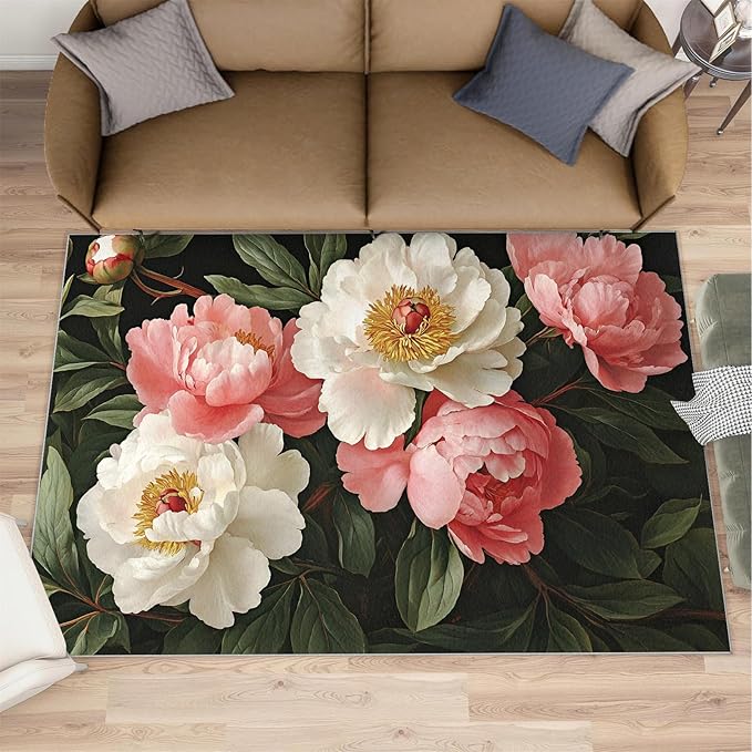 Rustic Flowers Washable Area Rug 6x9, Peony Soft Rugs for Living Room Petals Carpet Area Rugs for Bedroom Dining Room Non-Slip Stain Resistant Rug