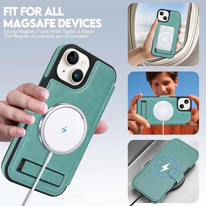 CIVICASE for iPhone 13/iPhone 14 Wallet Case with Stand,PU Leather Flip Credit Card Holder Slots (RFID Blocking),Compatible with Magsafe Magnetic Holder Phone Cover Women Men,Green