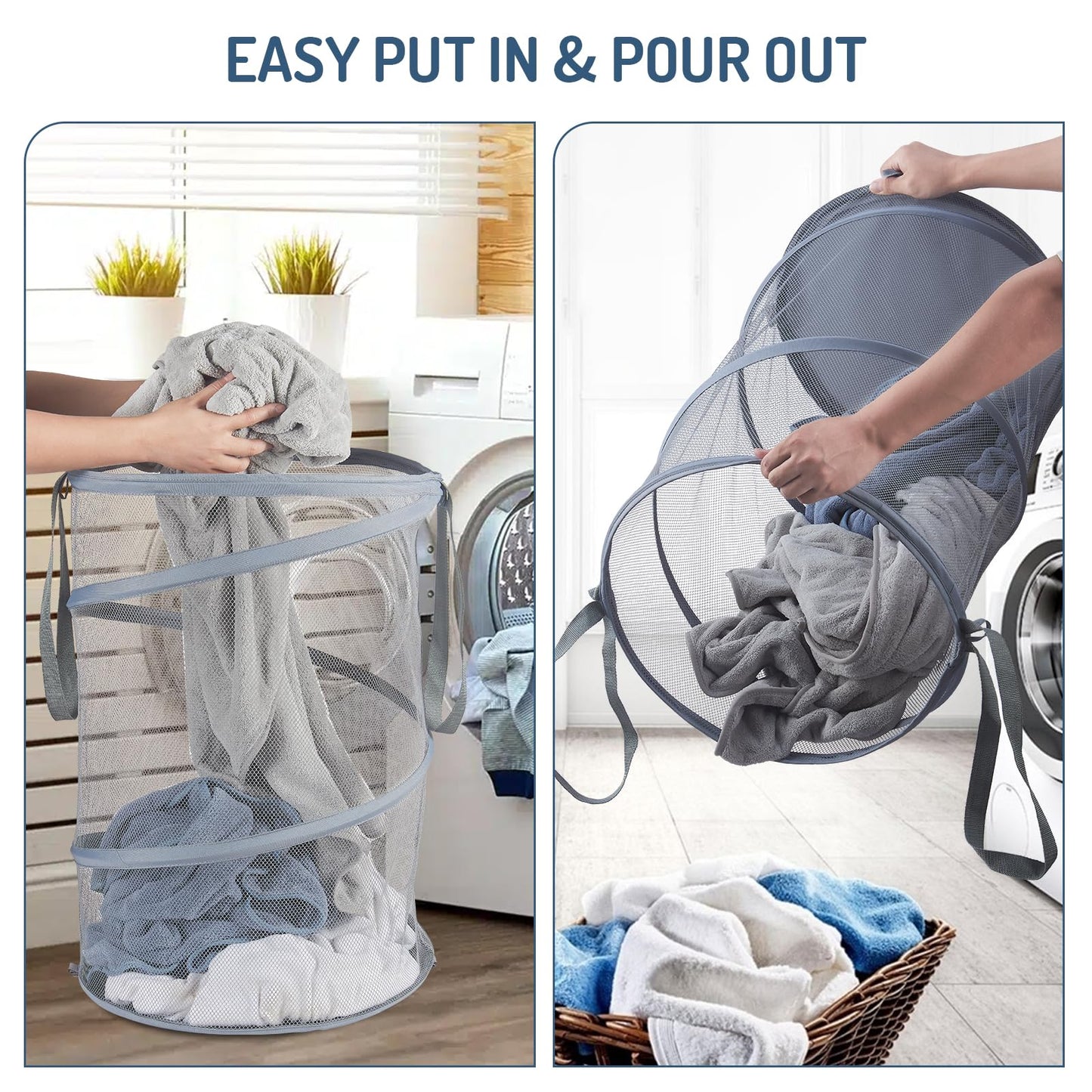 Seiritex Mesh Popup Laundry Hamper 115L Collapsible Laundry Basket Extra Large Capacity Foldable Clothing Storage Basket with Handles 26 H x 18 W x 18 L (Gray)