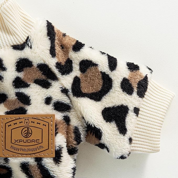 XPUDAC Fleece Dog Pajamas Leopard Dog Sweaters Winter Puppy Clothes for Small Medium Dogs Boy Girl Pet Jumpsuits Doggie Outfits for Christmas, L