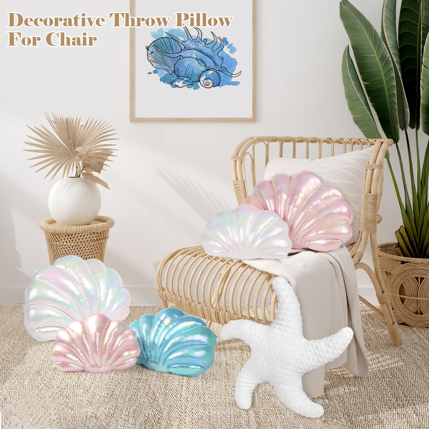 Marble Empire Seashell Pillow - Holographic Iridescent Foil Fabric Throw Pillow for Couch, Coastal Beach Theme Decor, Ocean Themed Bedroom Living Room Accent Pillow（Pink,14×11''）