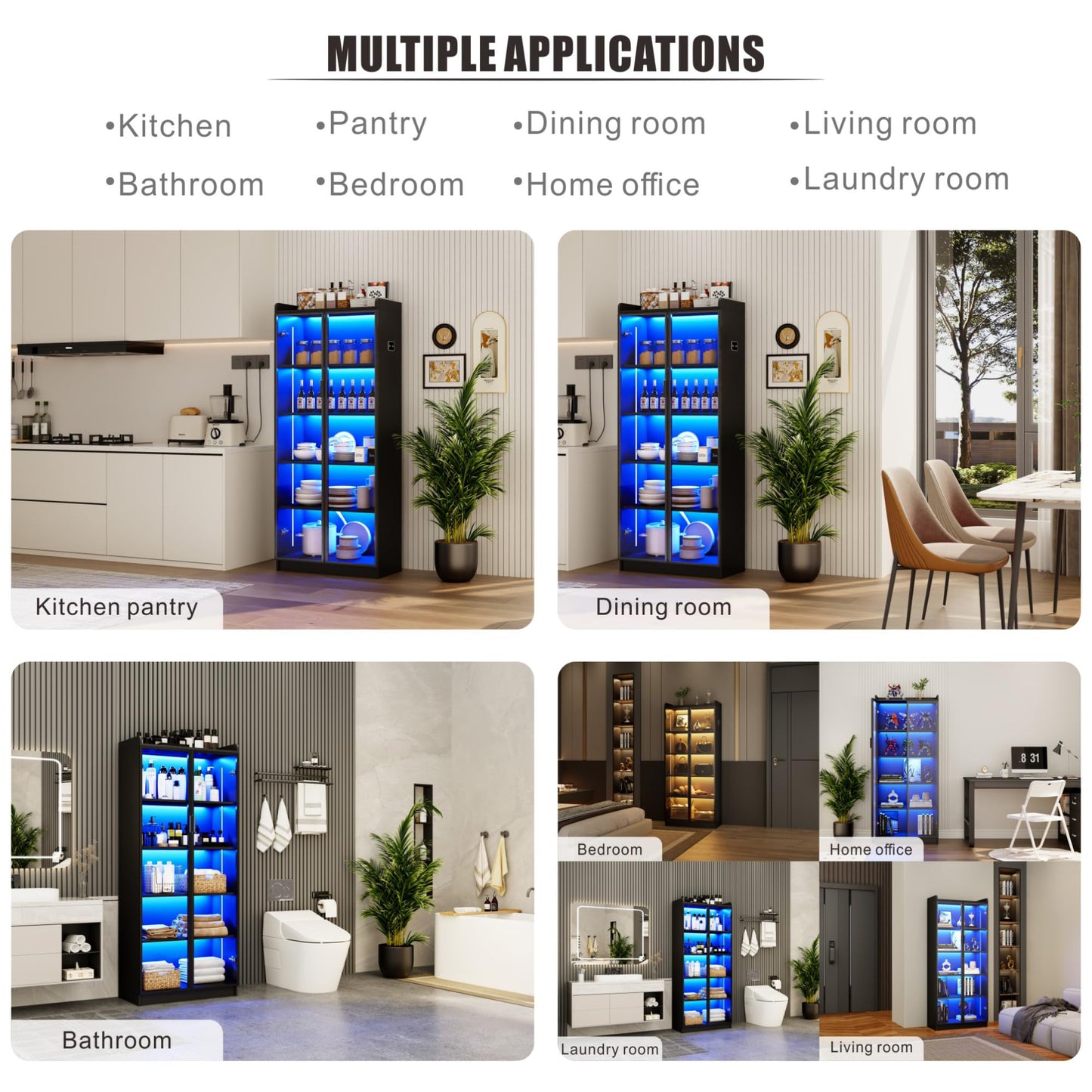 Dystler Display Cabinet with Doors and Adjustable Shelves, 65" Tall Bookcase with LED Lights/Human Sensor, 5 Tier Display Case for Collectibles Bedroom Living Room Office, Black
