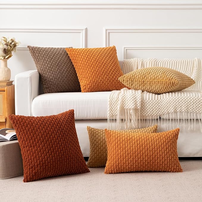 Kevin Textile Fall Throw Pillow Covers Soft Corduroy Decorative Set of 2 Boho Striped Pillow Covers Pillowcases Farmhouse Home Decor for Couch Bed Sofa Living Room 22x22 Inch Orange Yellow