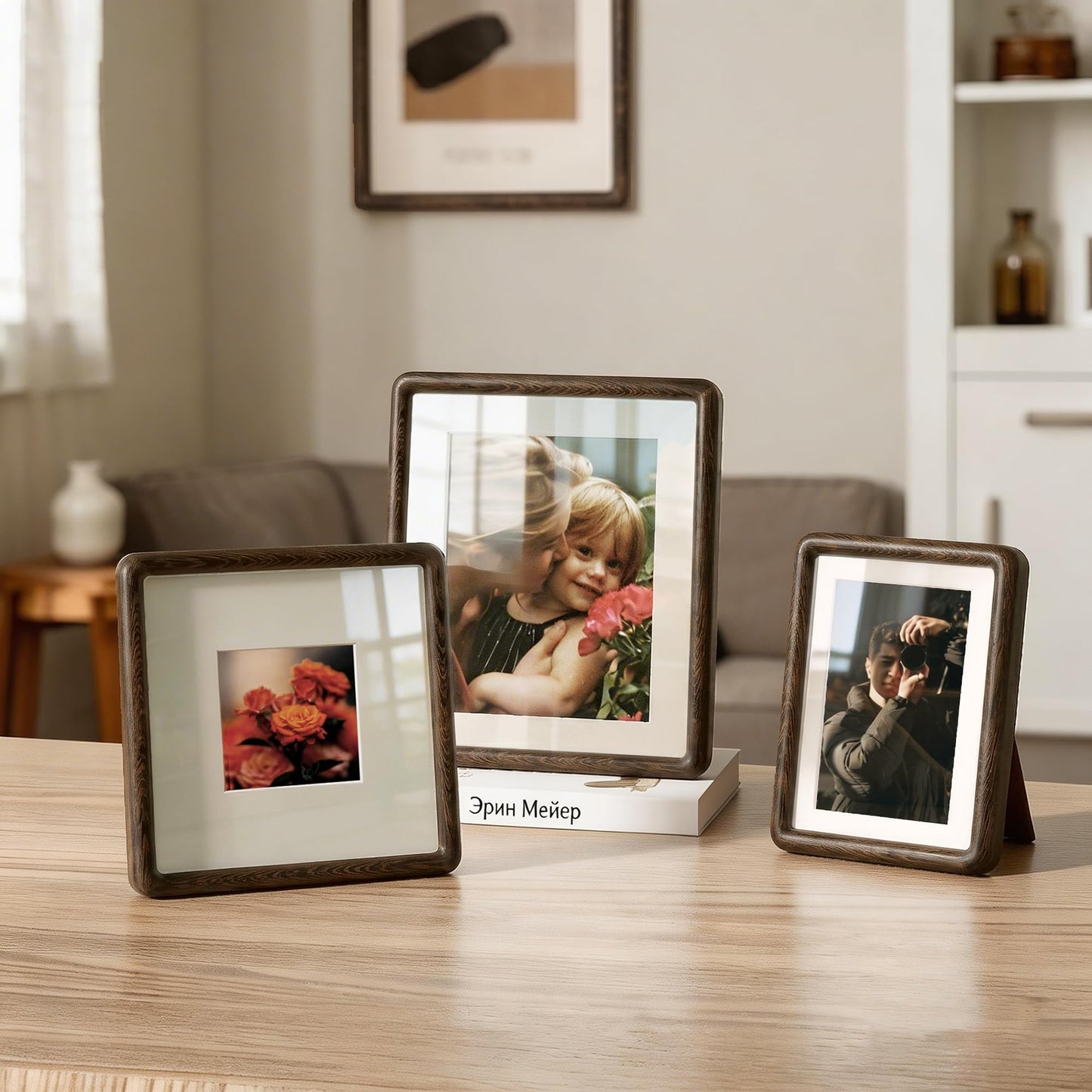 Acovy 8x8 Picture Frame, Natural Solid Walnut Wood Photo Collage Frame with HD Tempered Glass, Rounded Corner Wooden Frame 8 x 8 Matted to 4x4, Gallery Wall Frames for Art, Wall or Tabletop Display