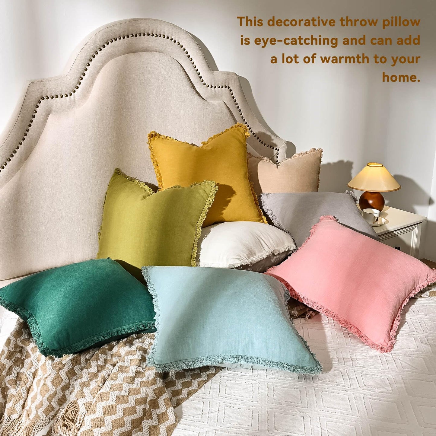 AmHoo Pack of 2 Linen Pillow Covers with Tassels Fringed Decorative Rustic Natural Throw Pillowcase Cushion for Couch Sofa Bedroom 18 x 18-Inch Off White