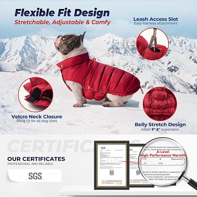 SPACE LION Dog Puffer Jacket, Down Winter Coat, Durable Outdoor Coat for Cold and Windy Conditions, Lightweight & Adjustable Fit Coats for Large Dogs,(Red, Size22/XL+)