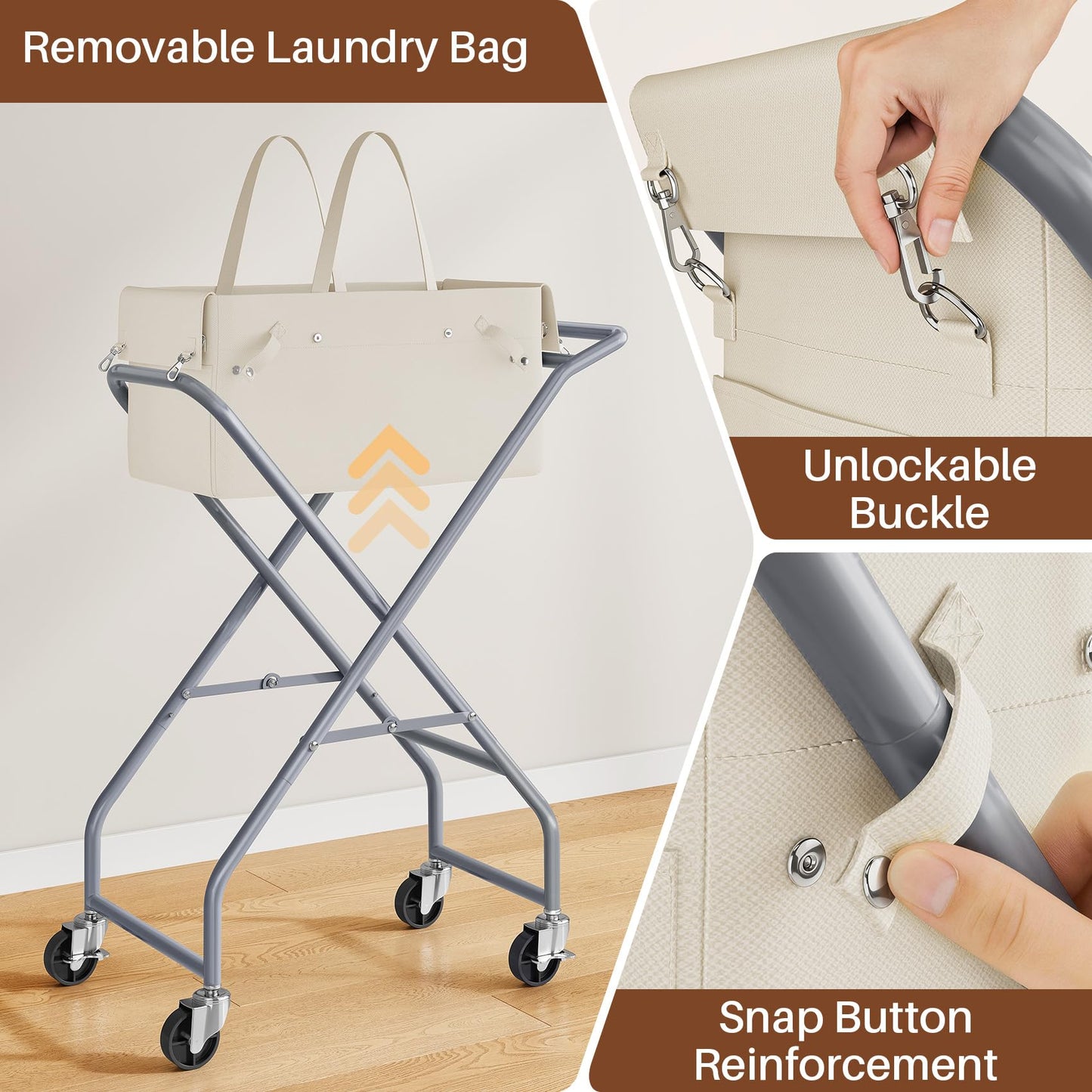 No-Bend Laundry Cart- Rolling Hamper with Locking Wheels & Handle, Foldable Basket Screw-Free Assembly, Durable Metal Frame & Removable Liner Bag for Bedroom & Bathroom (Beige)