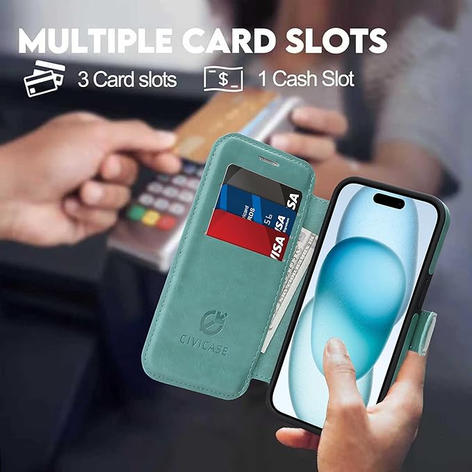 CIVICASE for iPhone 15 Pro Wallet Case with Stand,PU Leather Flip Credit Card Holder Slots (RFID Blocking),Compatible with Magsafe Magnetic Holder Phone Cover Women Men,Green