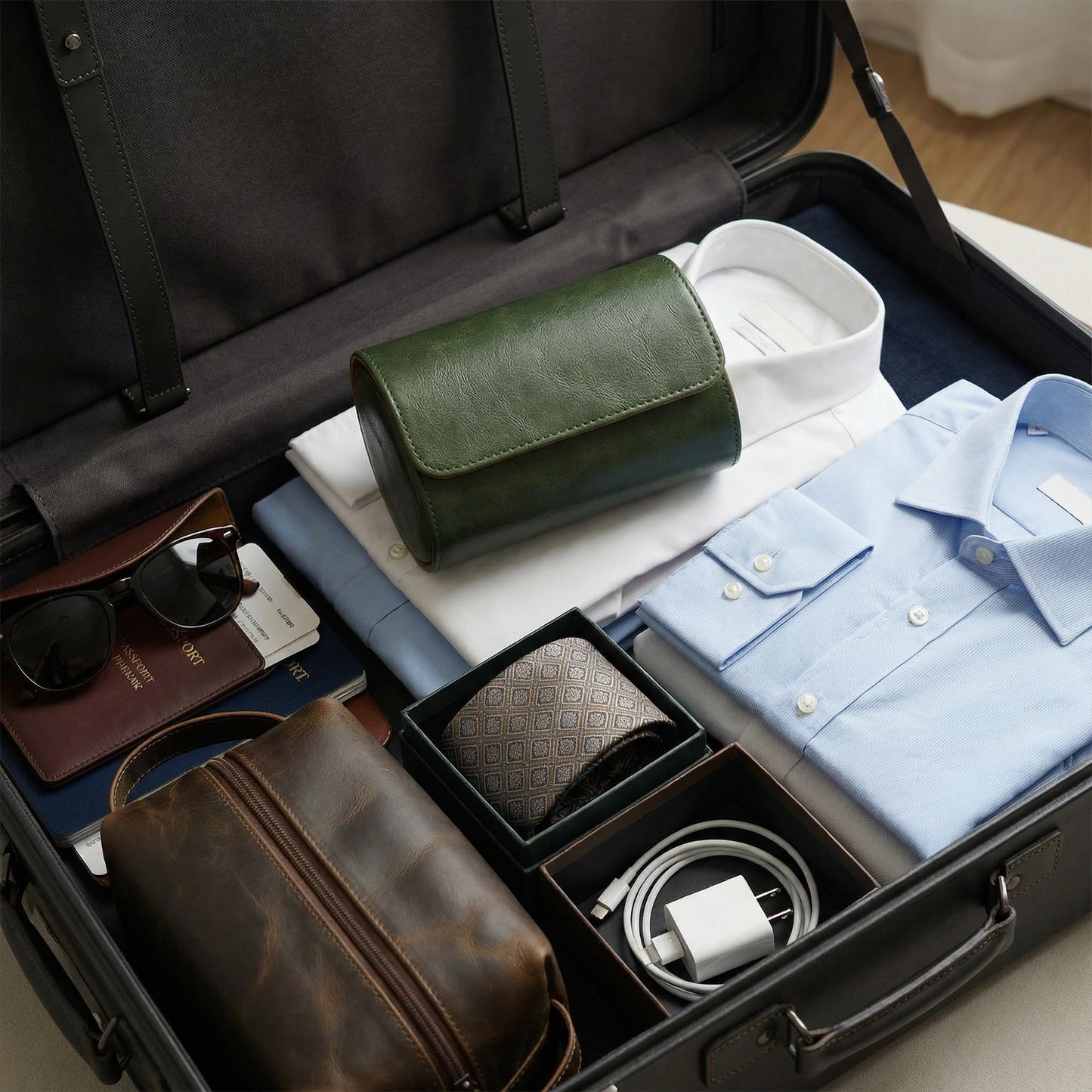 PexPix Leather Watch Travel Case, 2 Slots Green Watch Roll Portable or Organizer for Storage and Display, Ideal Travel Gift for Men