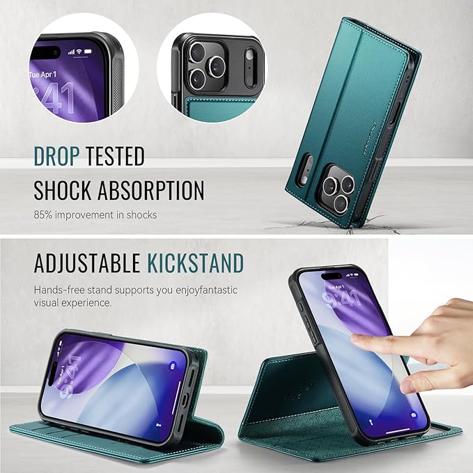 PlusnapX Wallet Case for iPhone 17 Pro Max Compatible with Magsafe, 2-in-1 PU Leather Flip RFID Blocking Card Holder Stand Shockproof Magnetic Detachable Cover for iPhone 17 Pro Max 6.9", Bluegreen