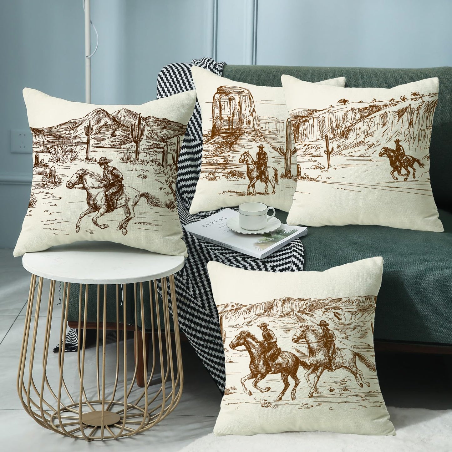 Sagielio Western Throw Pillow Covers Western Home Decor 18x18 Set of 4, Cotton Linen Pillows for Couch Living Room and Bedroom, Pillow Case Set for Cowboy Couples Boys Girls (Beige)