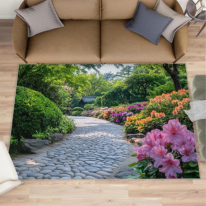 Japanese Gardens Washable Area Rugs 6x8 Non-Slip Garden Art Living Room Rug Eastern Aesthetics Soft for Carpet Low Pile Indoor Door Mat & Room Decor