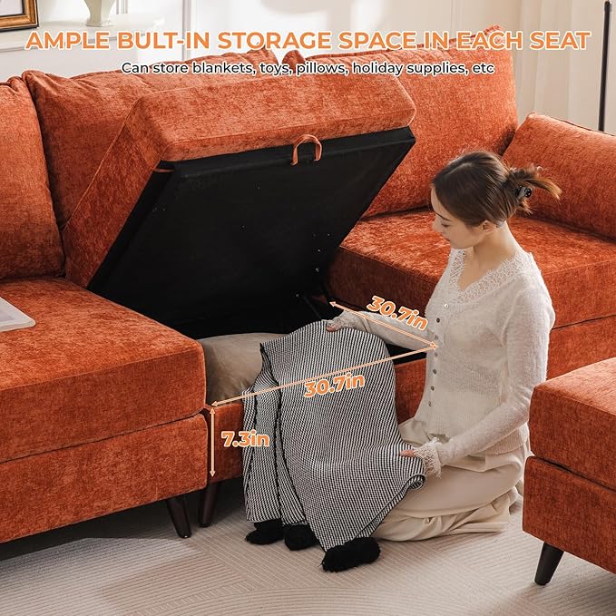 104'' Modular Sectional Sofa with Seats Storage,Oversized L Shaped Couch with Deep Seat,3-Seater Comfy Cloud Couches for Living Room, Movable Ottoman,Chenille,Orange