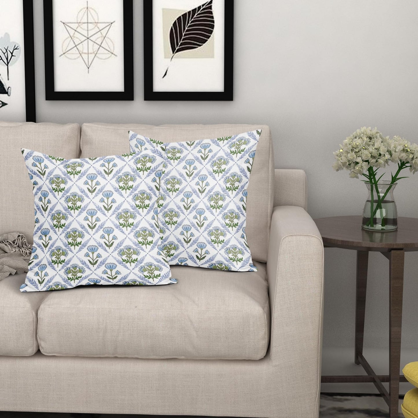 aportt Blue Green Block Print Pillow Covers 18X18 Inch Set of 2 Boho Flower Decorative Pillow Cases Spring Summer Rustic Cotton Linen Cushion Case Farmhouse Home Decor for Sofa Couch Living Room