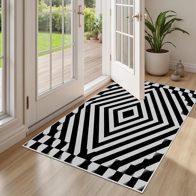Black and White Rug 5x6, Checkered Soft Thin Indoor Floor Mats Carpet, Non-Slip Stain Resistant Washable Rugs, Modern Rhombus Geometric Rugs for Living Room, Farmhouse Rug