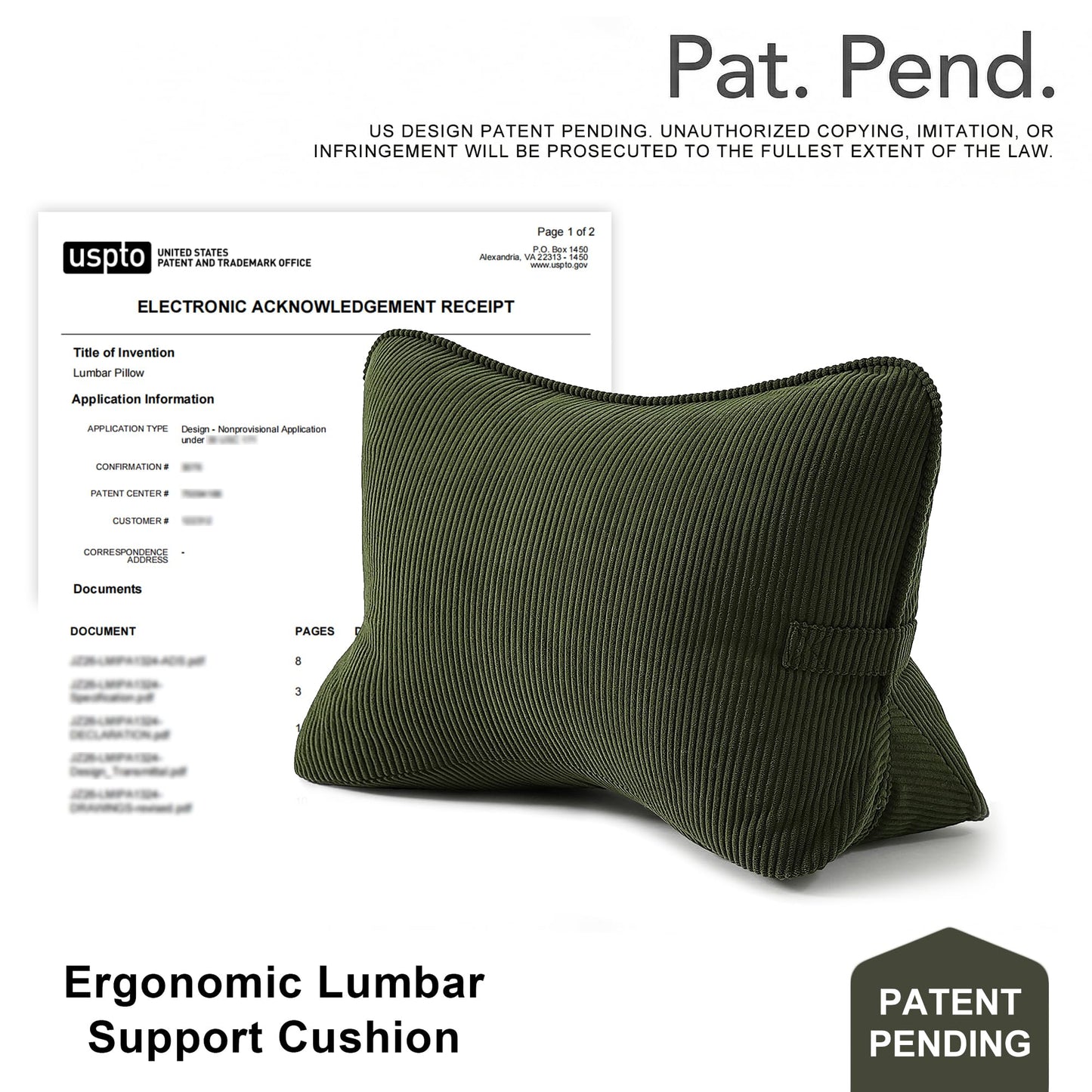 Ailuteie Pat. Pend. Corduroy Ergonomic Lumbar Support Pillow for Sitting Support, Triangle Back Cushion for Sofa, Armchair & Bed, Washable Cover, Avocado Green