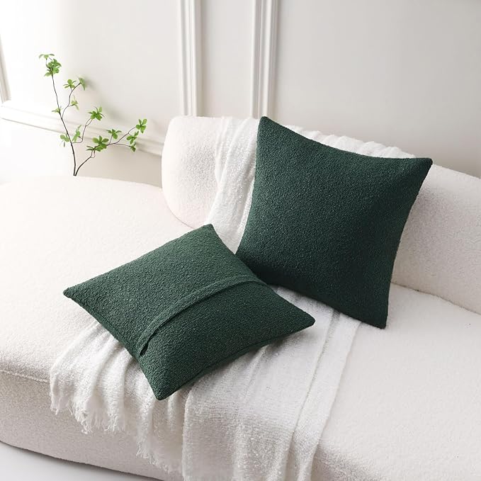 FUTEI Christmas Pack of 2 Dark Green Decorative Throw Pillow Covers 18x18 Inch Soft Cozy Solid Boucle Textured Cushion Case,Modern Home Decor for Couch Bed Living Room