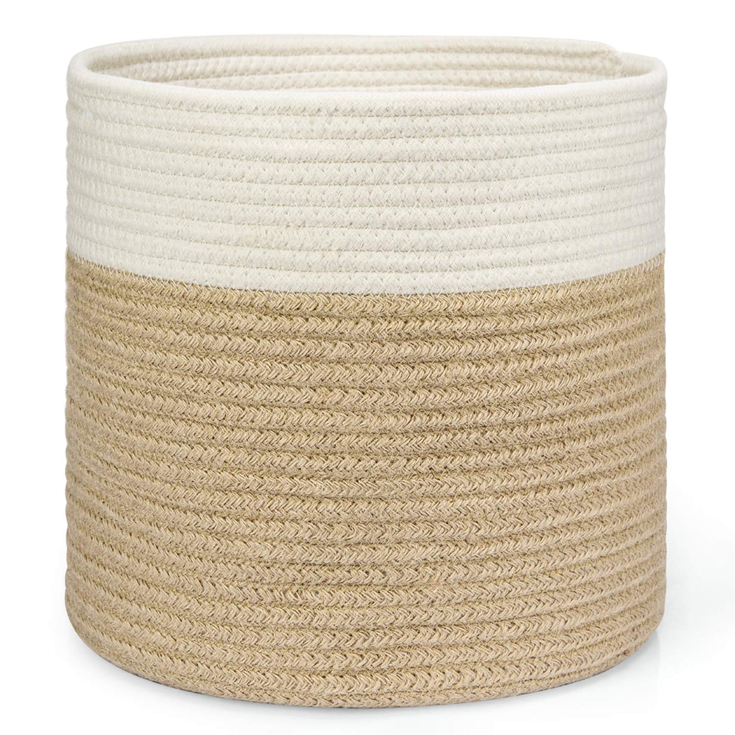 Dahey Jute Spliced Cotton Rope Plant Basket Modern Woven Storage Basket for 12" Floor Indoor Planter, Decorative Flower Pots Cover Laundry Bin with Handle Rustic Home Decor, White and Beige