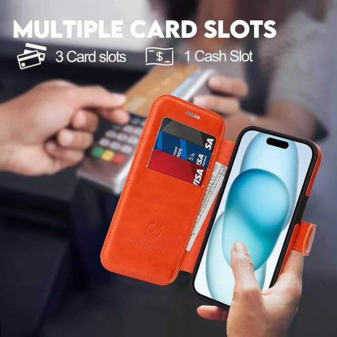 CIVICASE for iPhone 14 Pro Max Wallet Case with Stand,PU Leather Flip Credit Card Holder Slots (RFID Blocking),Compatible with Magsafe Magnetic Holder Phone Cover Women Men,Orange