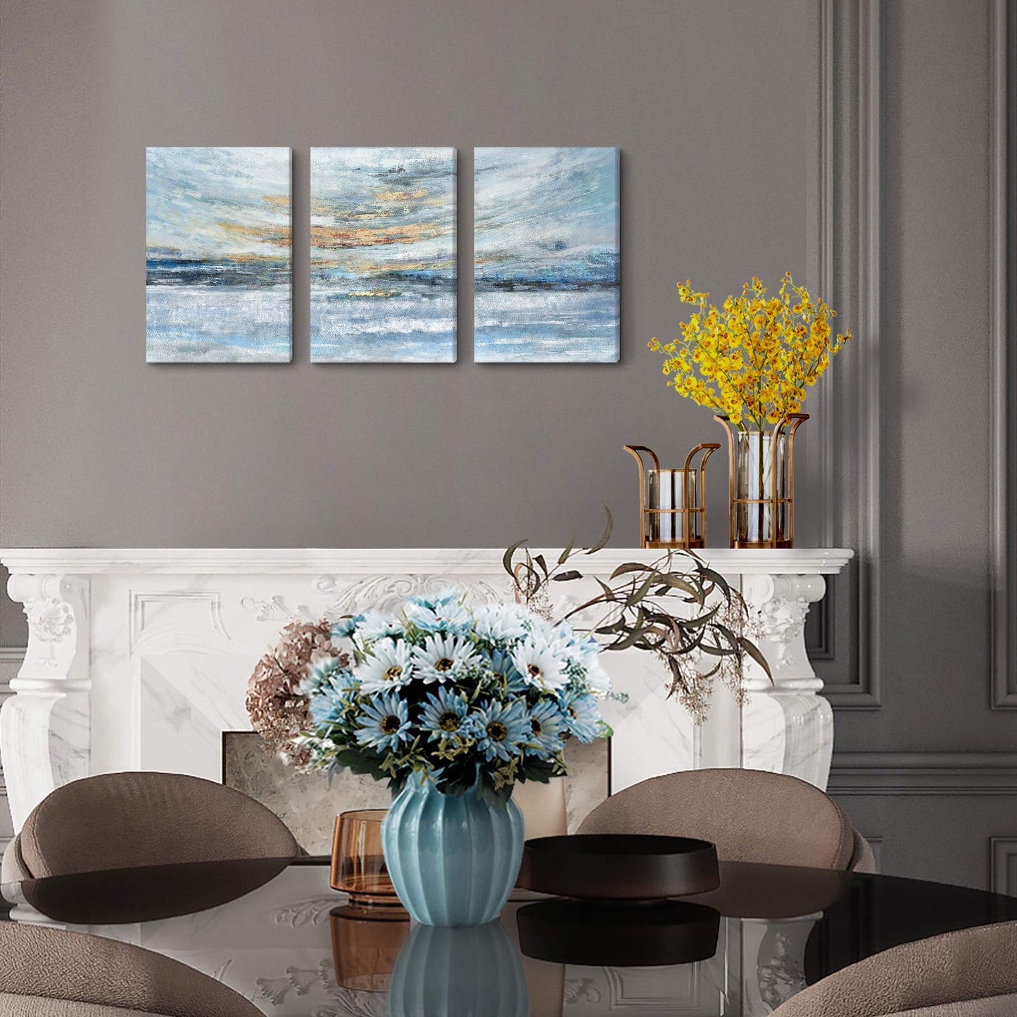 Abstract Canvas Wall Art for Bedroom 3 Piece Ocean Painting Coastal Theme Artwork Blue and Yellow Sunset & Sunrise on the Beach Seascape Picture for Bathroom Living Room Light 12x16inchx3 panel