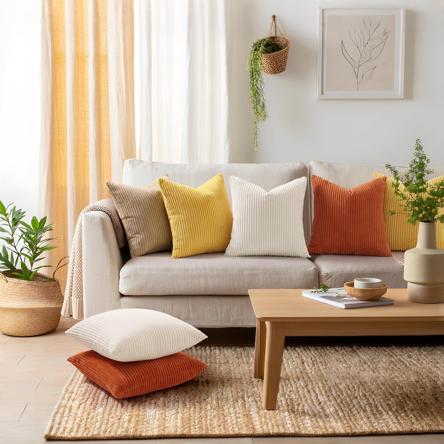 Mecatny Corduroy Summer Decorative Throw Pillow Covers 18x18 Set of 2 for Sofa Living Room, Soft Neutral Boho Couch Pillow Covers for Home Decor, Beige