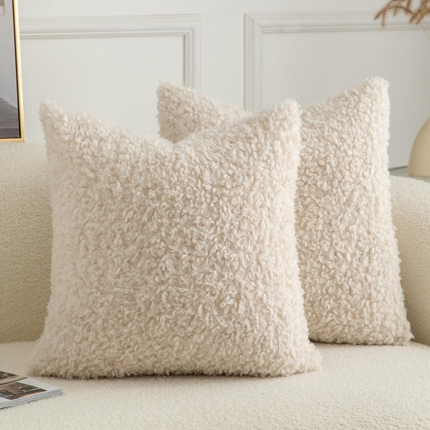 Joyouth Pack of 2 Curly Teddy Wool Faux Fur Throw Pillow Covers Fuzzy Accent Soft Sherpa Pillowcases Sheepskin Fleece Decorative Cushion Case for Sofa Couch Living Room 16x16 Inch Neutral Light Beige