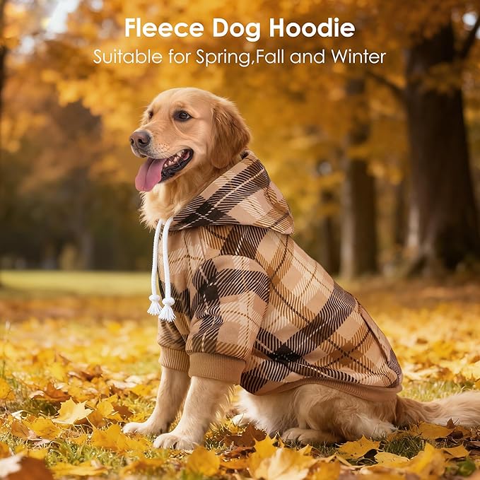 BAOBICUTE Dog Basic Hoodie Soft Dog Clothes Cold Weather Sweaters for Medium Large Dogs Cozy Fabric Warm Sweatshirt with Leash Hole (Khaki Plaid, XS (Back: 10.24",Chest: 14.96", Neck: 11.42"))