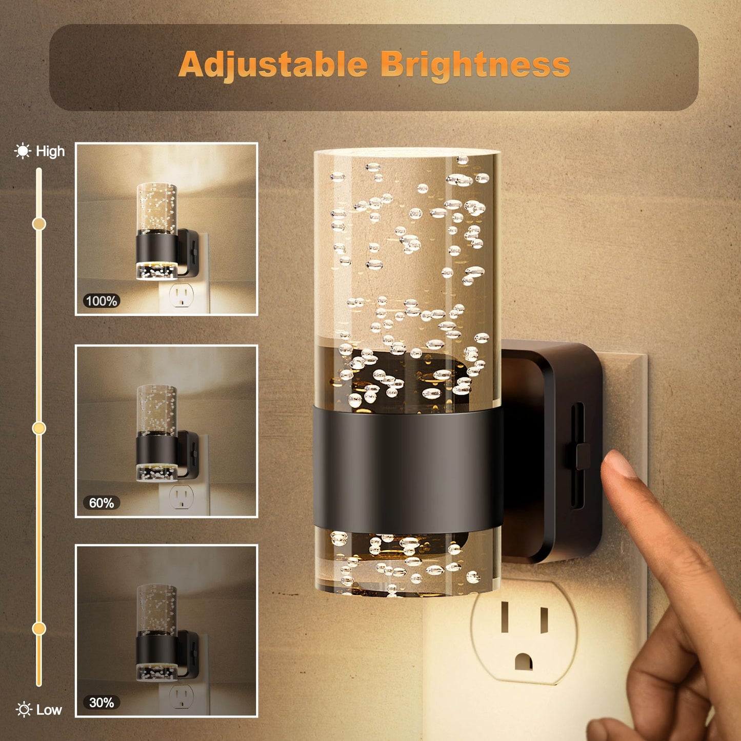 JandCase Night Light, Night Lights Plug into Wall,3000K LED Nightlight with 0-100LM Adjustable Brightness, Automatic Night Light Plug in with Light Sensor for Bathroom Hallway Room Decor