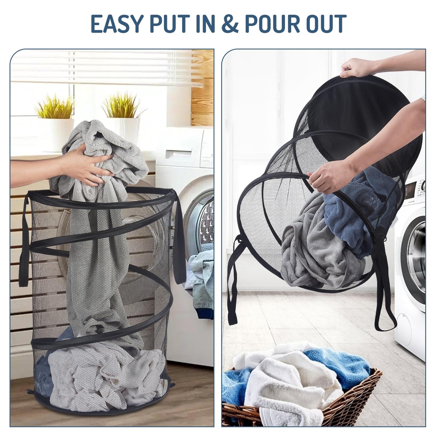 Seiritex 2Pcs Mesh Popup Laundry Hamper 115L Extra Large Collapsible Laundry Basket Foldable Clothing Storage Basket with Handles No Lid 26 H x 18 W x 18 L (Black)