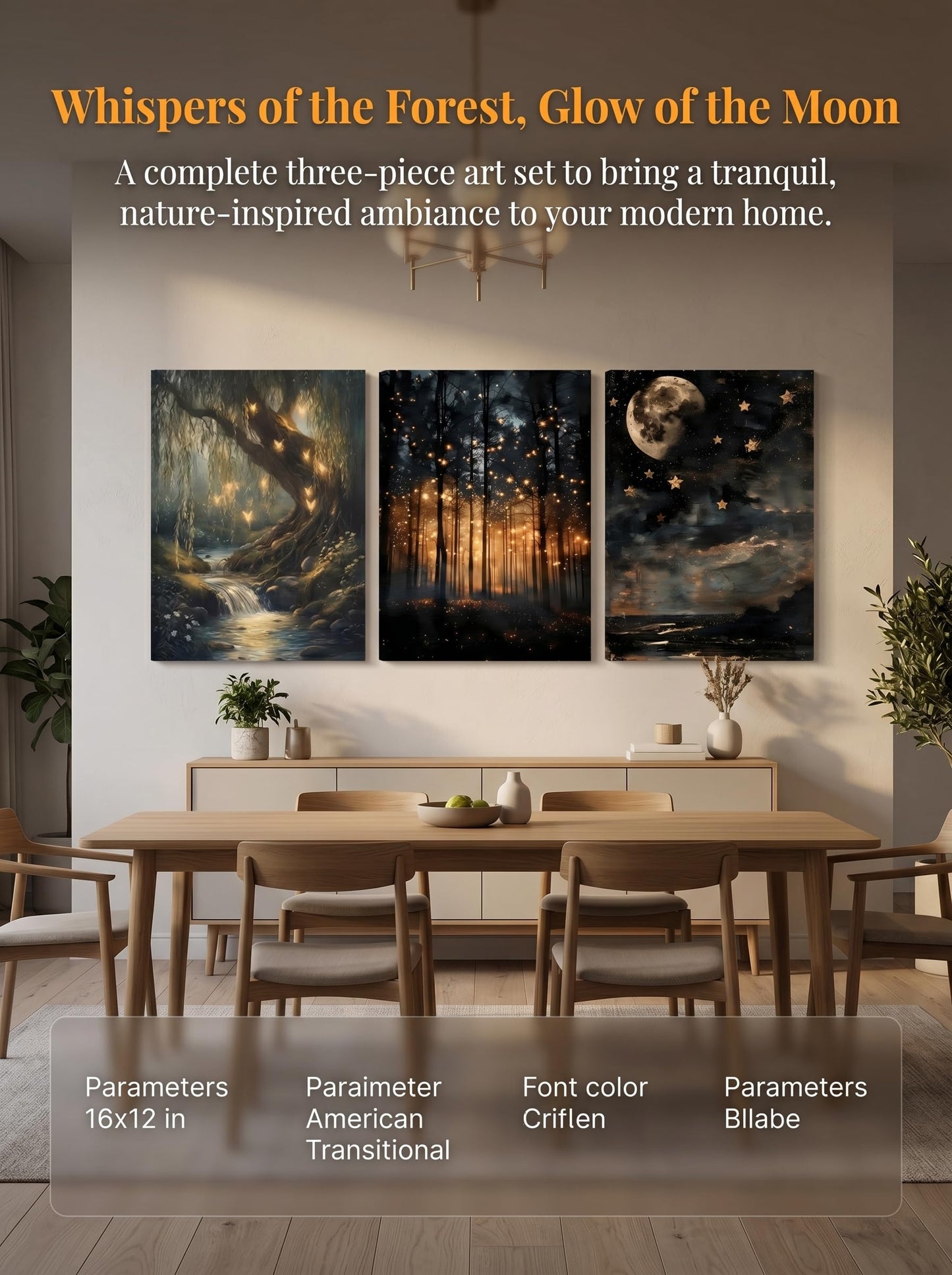 RYZopmuy Enchanted Forest Firefly Wall Art Set 3 Framed Moon Canvas Prints