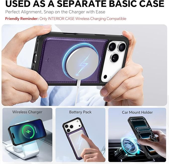 TUCCH 2-in-1 Removable Wallet Case for iPhone 17 Pro Max (6.9") 2025, Wireless Charging | RFID Blocking 4 Card Holders | Wrist Strap | Kickstand | Magnetic | PU Leather Protective Cover | Deep Purple