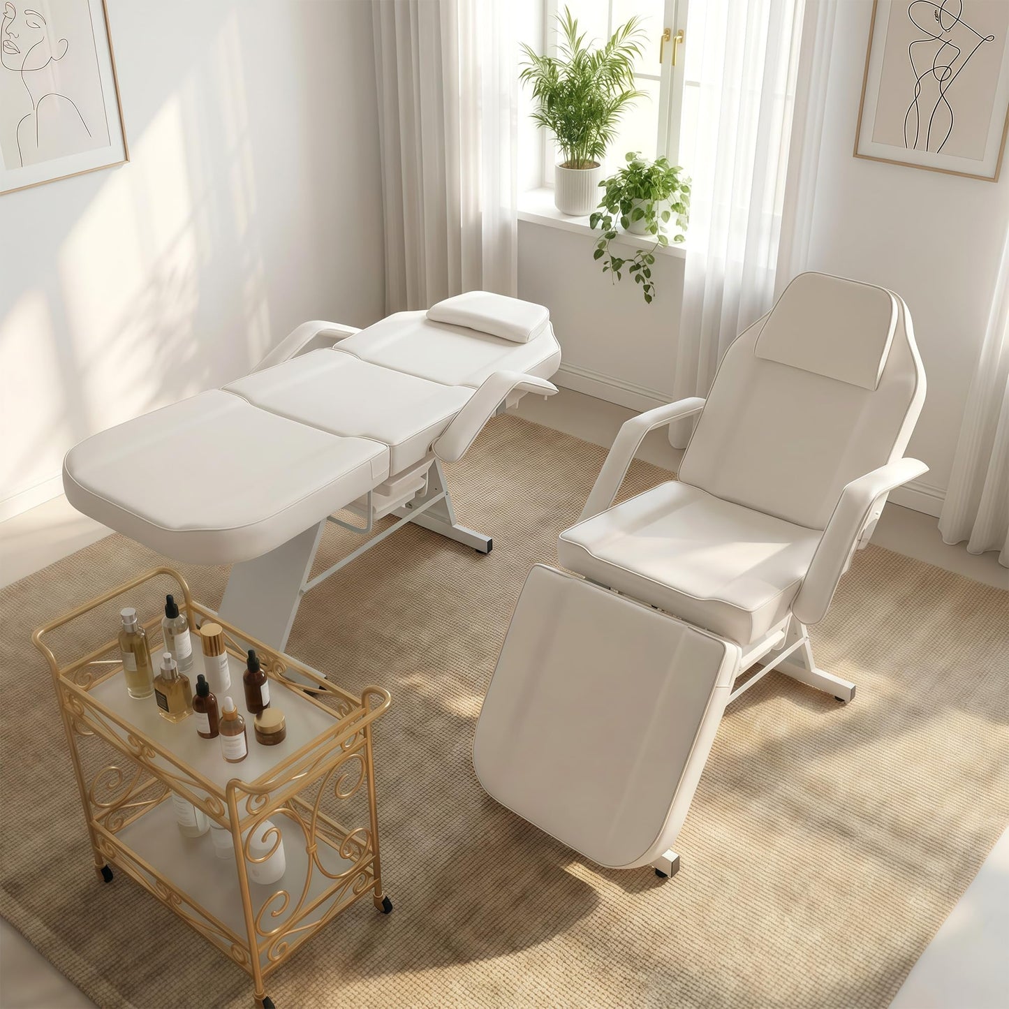 KIIUMI Tattoo Chair for Artists, Facial Esthetician Bed, Adjustable Beauty Bed with 2 Tray, Professional Piercing Chair with Hydraulic Rolling Stool, White