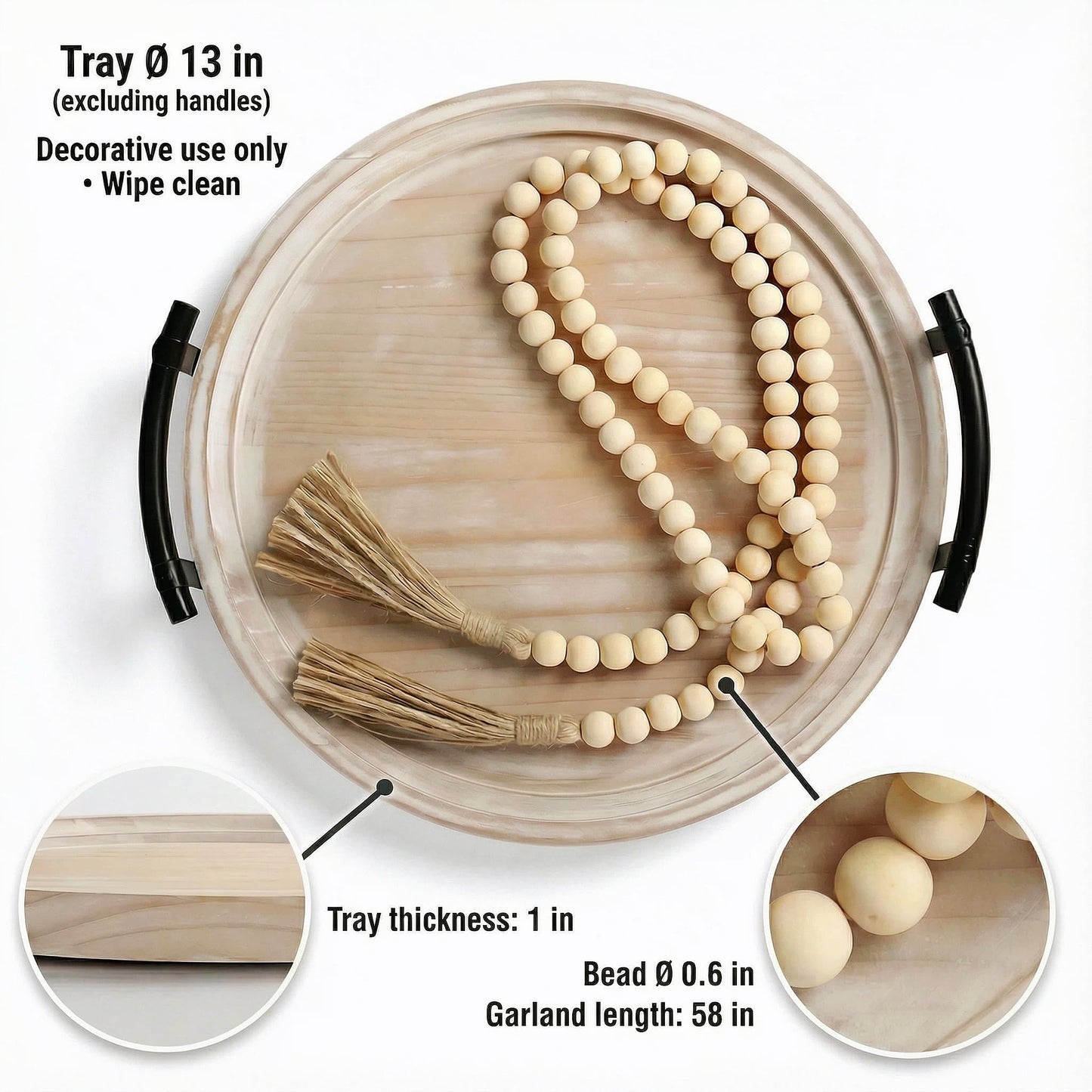 Relaxing Garden 13" Round Decorative Wood Tray with Handles