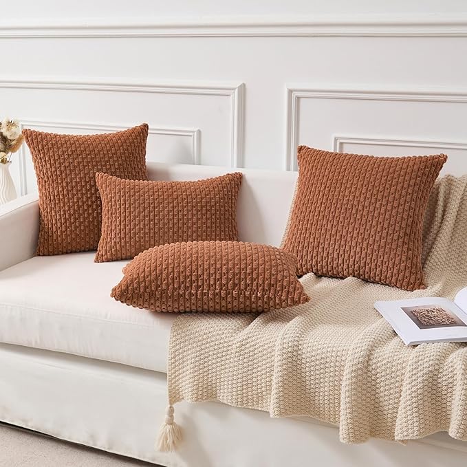 Kevin Textile Decorative Pillow Covers Set of 2 Striped Plush Corduroy Pillows Pillowcases Boho Home Decor Cushion Covers for Couch Sofa Bed Living Room 24x24 Inch, Burnt Orange