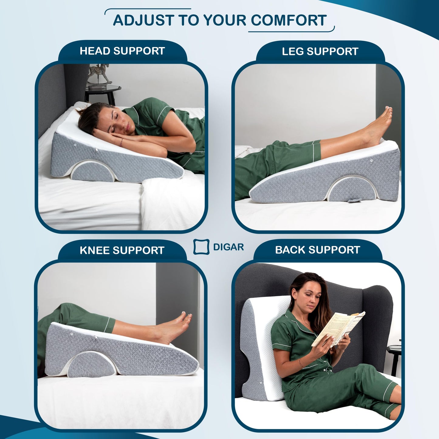 DIGAR Bed Wedge Pillow 12 inch | Memory Foam Wedge Pillow for Sleeping | Triangle Pillow Wedge | Acid Reflux Pillow | Post-Surgery Support Cushion | Back, Head, Knee, Elbow Support | Pregnancy Pillow