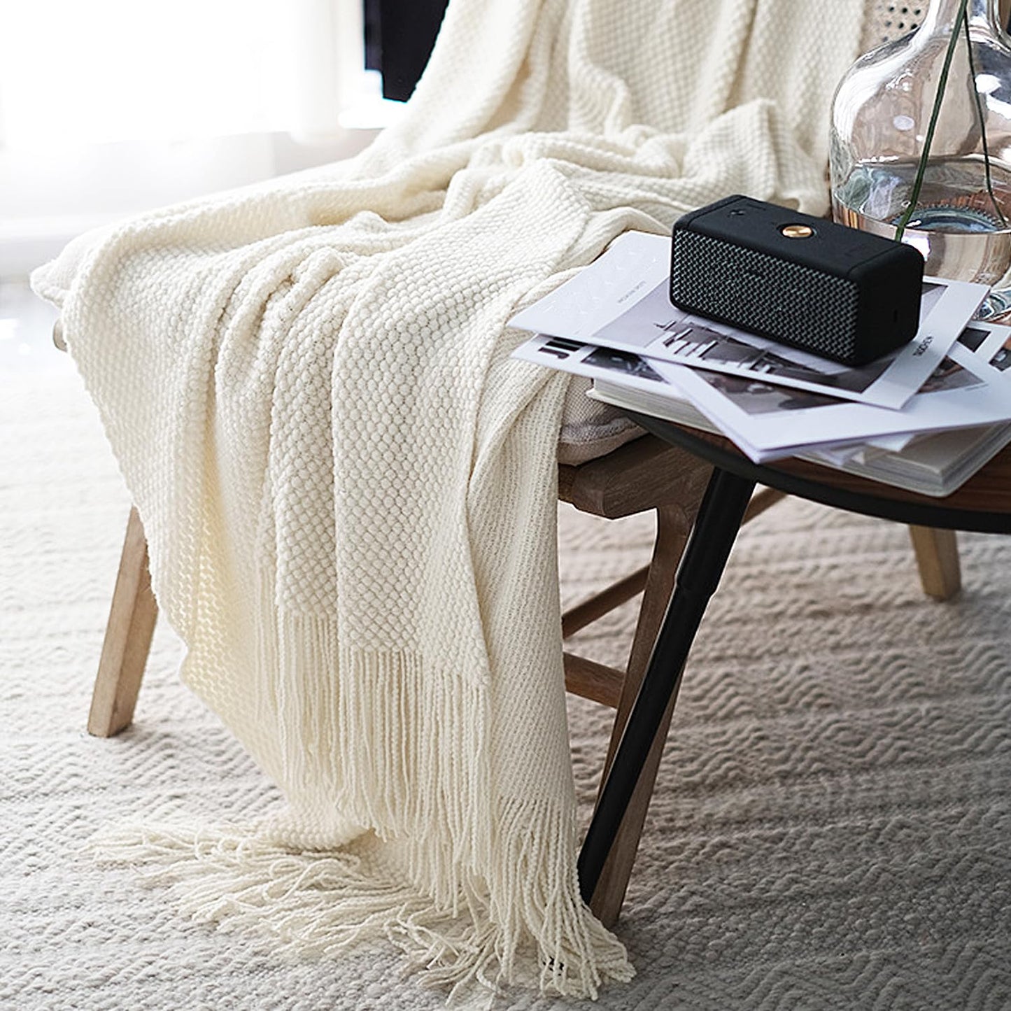 LOMAO Knitted Throw Blanket with Tassels Bubble Textured Lightweight Throws for Couch Cover Home Decor (Cream, 50x60)