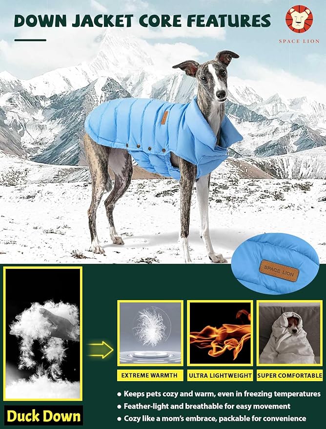 SPACE LION Dog Puffer Jacket, Down Winter Coat, Durable Outdoor Coat for Cold and Windy Conditions, Lightweight & Adjustable Fit Coats for Medium Dogs, (Alaskan Blue, Size 14 Gift Box)