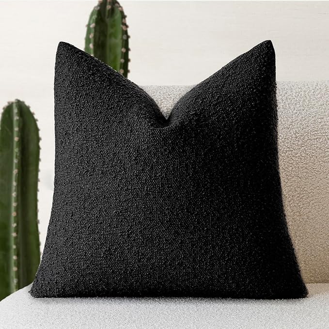 Foindtower Decorative Textured Boucle Throw Pillow Covers Accent Solid Pillow Cases Neutral Soft Cozy Couch Cushion Case for Chair Sofa Bedroom Living Room Home Decor 22 x 22 Inch,Black