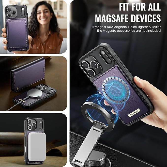 PlusnapX Wallet Case for iPhone 17 Pro Compatible with Magsafe, 2-in-1 PU Leather Flip RFID Blocking Card Holder Stand Shockproof Magnetic Detachable Cover for iPhone 17 Pro Case 6.3", Fashion Purple