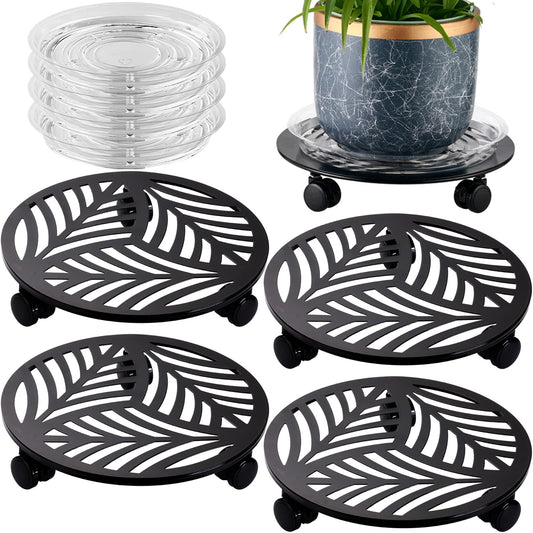 4 Packs Large Metal Plant Caddy with 3 PU Wheels 12" Heavy-Duty Wrought Iron Rolling Plant Stands Indoor Outdoor Wheeled Plant Dolly Planter Mover Rollers Plant Trolley Cart, Plant Saucers Included