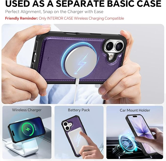 TUCCH 2-in-1 Removable Wallet Case for iPhone 17 (6.3-inch) 2025, Wireless Charging | RFID Blocking 4 Card Holders | Wrist Strap | Kickstand | Magnetic | PU Leather Protective Cover | Deep Purple