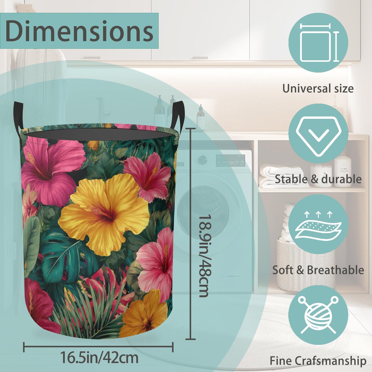 Laundry Hamper Foldable Oxford Cloth Tropical Flower Laundry Basket With Handle Portable Clothes Storage Organizer Basket Storage Bag For Laundry Room/Bedroom/Bathroom