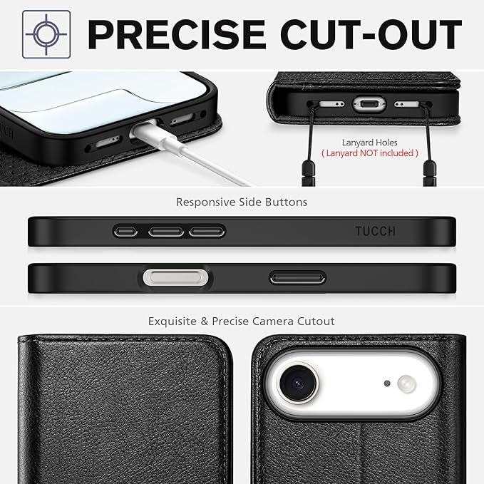 TUCCH Case Wallet for iPhone Air (6.5") 2025, RFID Blocking, 3 Card Holders, Kickstand, PU Leather, Protective Flip Folio Cover, TPU Shockproof Interior Shell, Textured Black